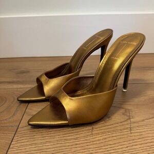 Black Suede Studio Metallic Gold Pointed Toe Mule Heels Stiletto 38 US 7.5–8